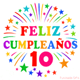 Imagen animada para felicitar los 10 años con letras de colores y diseño festivo.