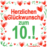 Animierte Grafik mit dem Spruch „Herzlichen Glückwunsch zum 10.!“. Der Text ist von einem funkelnden Rahmen aus roten Herzen und grünen Blättern auf weißem Hintergrund umgeben.