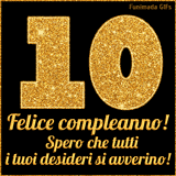 Un GIF animato per un 10° compleanno, Presenta il testo 'Buon Compleanno 10' su uno sfondo giallo vivo con palloncini colorati, festoni e una pioggia di coriandoli.