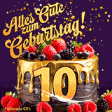Eine köstlich aussehende animierte Geburtstagskarte für den 10. Geburtstag, dekoriert mit Erdbeeren, Blaubeeren und goldenen Details, Sterne funkeln und fallen, mit 'Alles Gute zum Geburtstag!'-Text.