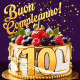 Un GIF animato di una bellissima torta per il 10° compleanno con glassa dorata e frutti di bosco freschi, Il numero dorato 10 è davanti, e stelle cadono su uno sfondo viola scuro.