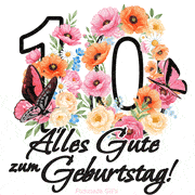 Ein florales GIF zum 10. Geburtstag. Die Zahl '10' ist von animierten Blumen und Schmetterlingen umgeben und bietet eine schöne und fröhliche Art, den Meilenstein zu feiern.