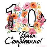 Questo GIF di Buon 10° Compleanno mostra il numero venti riempito con un vibrante bouquet di fiori animati, con farfalle che si muovono dolcemente su uno sfondo bianco.