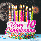 Celebrazione dei 10 anni con questa GIF animata: torta bianca ricca di zuccherini, scritte rosa eleganti e scintille di fuochi d'artificio.