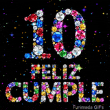 El mensaje FELIZ CUMPLE y el número 10 destacan visualmente con texturas de joyas multicolores contra un fondo oscuro punteado por estrellitas.