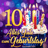 Eine große goldene 10 neben einem Cupcake mit brennenden Geburtstagskerzen. Unten goldene Kursivschrift vor einem funkelnden lila Hintergrund.