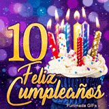 GIF fiesta de 10 años: el número 10 dorado brillante junto a una tarta de cumpleaños con velas encendidas.