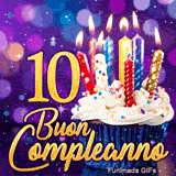 GIF festa dei 10 anni: il numero 10 dorato brillante accanto a una tortina con candele accese.