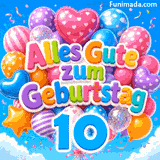 Schaukelnde, bunte 3D-Ballons mit Streifen und Punkten. Der Ballon-Schriftzug Alles Gute zum Geburtstag befindet sich über einer hängenden blauen 10.