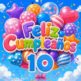 GIF fiesta de 10 años: el número 10 azul brillante junto a un imponente grupo de globos de fiesta y confeti al viento.