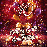 Helle rote lila und goldene Ballons steigen über Geschenke und Rosen während die goldene 10 und Alles Gute zum Geburtstag mit Konfetti leuchten