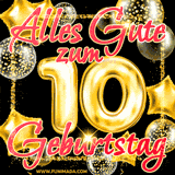 Glänzende goldene Ballons und ein quadratischer Glitzerrahmen: Animiertes GIF zum 10. Geburtstag mit der großen goldenen Zahl 10