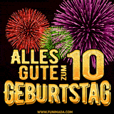 Ein dynamisches animiertes GIF mit buntem Feuerwerk und goldenen Zahlen, die den 10 Geburtstag hervorheben.