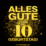 Ein GIF zum10. Geburtstag mit goldener Schrift und Feuerwerk auf schwarzem Hintergrund.