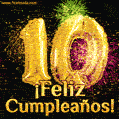 ¡Muy felices 10 años! GIF de texto dorado y fuegos artificiales.