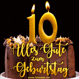Animiertes GIF mit einer Schokoladen-Geburtstagstorte, großen goldenen Kerzen mit der Zahl 10 und einem dekorativen Text mit der Aufschrift 'Alles Gute zum Geburtstag'.