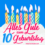 Ein buntes Geburtstags-GIF mit strahlenden Kerzen auf einer festlichen Torte zur Feier des 10.