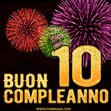 Animazione di fuochi d'artificio colorati con il numero 10 in oro brillante e la scritta 'Buon Compleanno' su uno sfondo nero festivo ed elegante.
