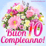 Bouquet animato con rose rosa, margherite e altri fiori colorati, con il numero 10 e la scritta 'Buon Compleanno!' in stile elegante e luminoso.