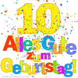 Geburtstags-GIF mit animierten bunten Sternen, der großen Zahl 10 und dem mehrfarbigen Text 'Alles Gute zum Geburtstag'.