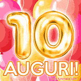 Bouquet animato di palloncini multicolori che emergono da una scatola regalo, con il numero 10 e la scritta 'Tanti Auguri!' su uno sfondo pieno di coriandoli.