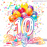 Ein lebendiges Geburtstags-GIF mit bunten Ballons, animiertem Konfetti, der Zahl 10 und den Worten 'Alles Gute zum Geburtstag' in dekorativer Schriftart.