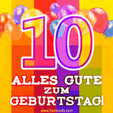 Große Zahl 35 in Umrissschrift, die Worte 'Alles Gute zum 10. Geburtstag', mehrfarbige animierte Ballons und lebendiger Hintergrund.
