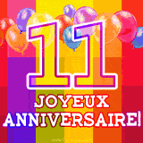 GIF animé 11 ans avec des ballons colorés, un grand chiffre 11 et 'Joyeux Anniversaire!' sur un fond éclatant.