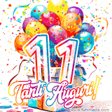 Animazione con palloncini colorati e scintillanti, accompagnata dal numero 11 in caratteri grandi e luminosi, e la scritta 'Tanti Auguri!' in stile vivace.
