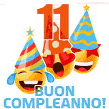 Due boccali di birra sorridenti animati, con il numero 11 e la scritta 'Buon Compleanno!' in caratteri allegri su uno sfondo bianco.