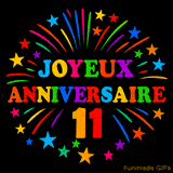 GIF animé 'Joyeux Anniversaire 11' avec des lettres colorées et des feux d'artifice éclatants