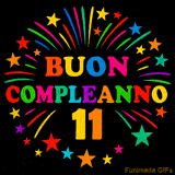 GIF animata 'Buon Compleanno 11' con lettere colorate e fuochi d'artificio
