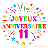 GIF animé joyeux anniversaire 11 ans avec étoiles multicolores et feu d’artifice
