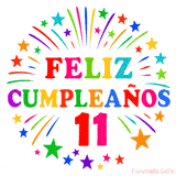 Imagen animada para felicitar los 11 años con letras de colores y diseño festivo.