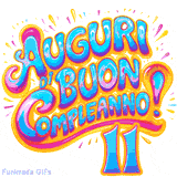 GIF animata con la scritta 'Auguri di Buon Compleanno 11' in colori vivaci e stile artistico festoso.
