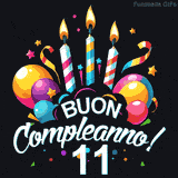 Augura buon compleanno ai 11 anni con questa GIF colorata e festosa: palloncini, stelle e candele per un augurio digitale indimenticabile