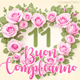 GIF per il 11° compleanno con un cuore di rose rosa e scritta elegante