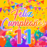 Un GIF animado para un 11º cumpleaños, Muestra el texto 'Feliz Cumpleaños 11' sobre un fondo amarillo vibrante con globos de colores, banderines y una lluvia de confeti.