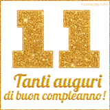 GIF animata per un 11° compleanno, Mostra il numero 11 in grandi caratteri dorati pieni di glitter scintillante, Sotto, la scritta 'Tanti auguri di buon compleanno!' in un elegante oro.