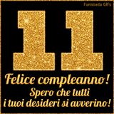 Un GIF animato per un 11° compleanno, Presenta il testo 'Buon Compleanno 11' su uno sfondo giallo vivo con palloncini colorati, festoni e una pioggia di coriandoli.