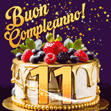 Un GIF animato di una bellissima torta per il 11° compleanno con glassa dorata e frutti di bosco freschi, Il numero dorato 11 è davanti, e stelle cadono su uno sfondo viola scuro.