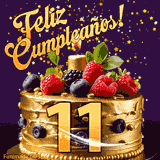 Una animación de celebración de una tarta para el 11º cumpleaños, Estrellas doradas caen del cielo, destacando el texto '¡Feliz Cumpleaños!' y el número dorado 11 en la tarta.