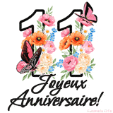 Ce GIF de Joyeux 11ème Anniversaire présente le nombre vingt rempli d'un bouquet vibrant de fleurs animées, avec des papillons qui bougent doucement sur un fond blanc.