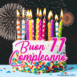 GIF per l'undicesimo compleanno con animazione di candele, torta festosa e grandi fuochi d'artificio che circondano la scritta rosa centrale.