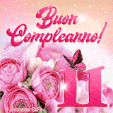 GIF per l'undicesimo compleanno con animazione di farfalla, rose rosa profumate e scritte di auguri su uno sfondo festoso e molto brillante.