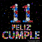 El número 11 y las palabras FELIZ CUMPLE están diseñados con gemas brillantes de varios colores, sobre fondo negro con estrellas luminosas.