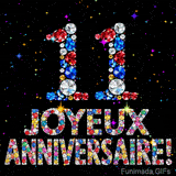 Image animée montrant le chiffre 11 et le texte Joyeux Anniversaire composés de pierres précieuses, avec un effet de scintillement sur fond noir.