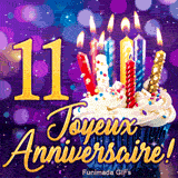 Animation d'anniversaire 11 ans avec le chiffre 11 en or, un cupcake et des bougies colorées sur fond lila.