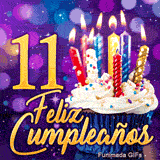 Animación de 11º cumpleaños con el número 11 en oro, un cupcake y velas coloridas sobre fondo morado brillante.