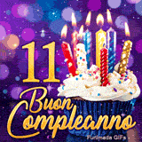 Animazione per l'11° compleanno con il numero 11 in oro, un cupcake e candeline colorate su sfondo viola brillante.